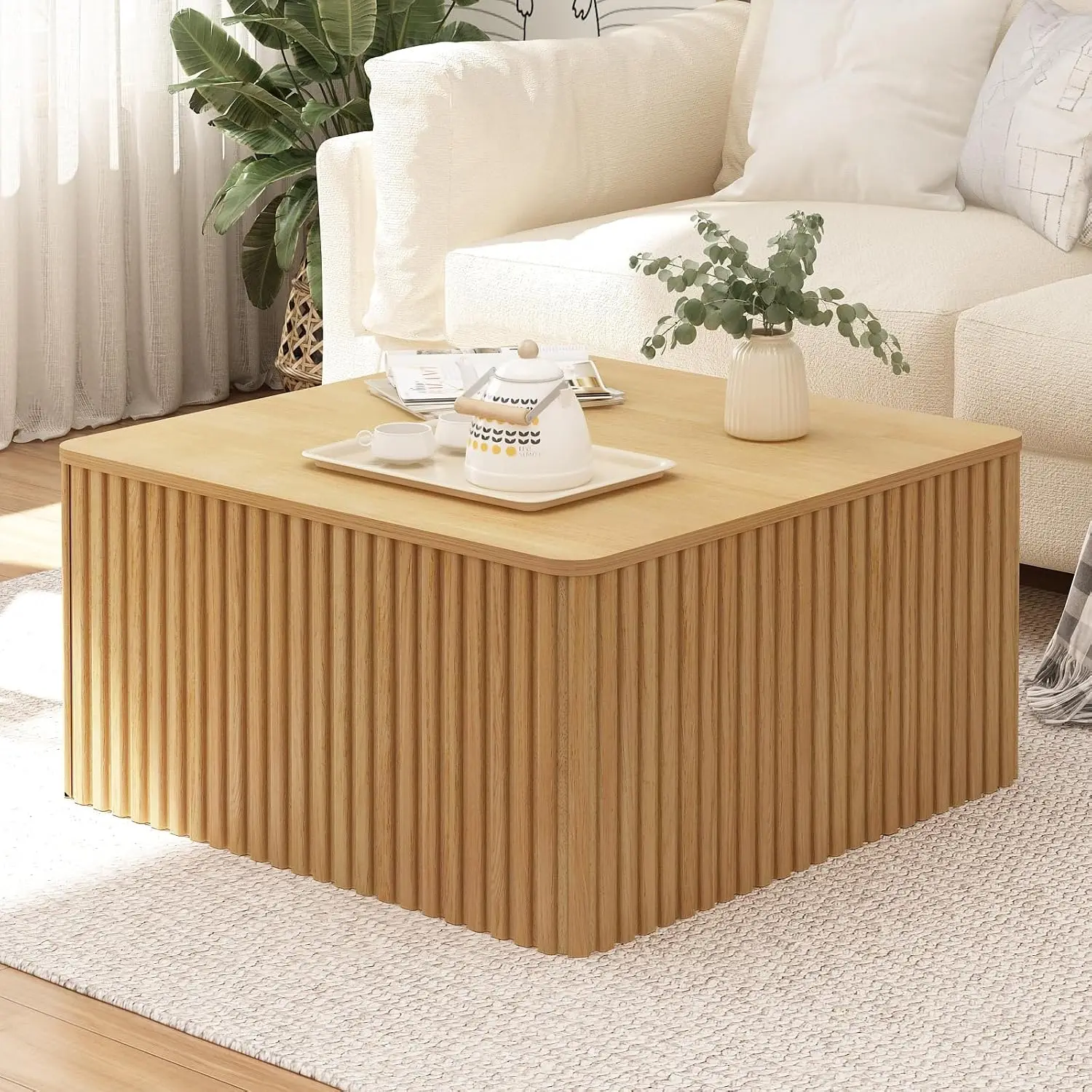 Fluted Square Coffee Table with Storage Large Wood Center Table, Customized