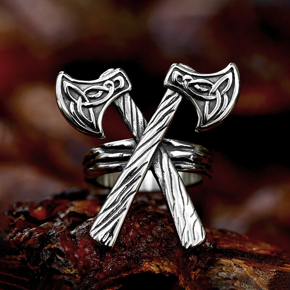 New Unique Stainless Steel Celtic Wolf Axe Rings For Men Boys Norse Mythology Odin Symbol Scandinavian Rune Amulet Jewelry Gift