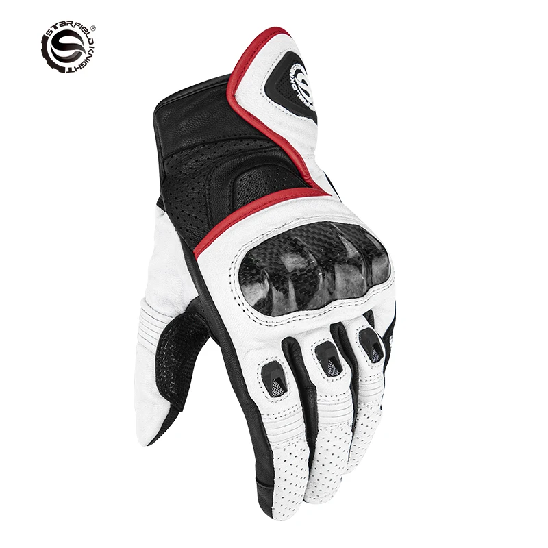 SFK White Motorcycle Gloves Carbon Fiber Knuckle Protection Real Goat Leather Breathable Wear-resistant Riding Gears Accessories