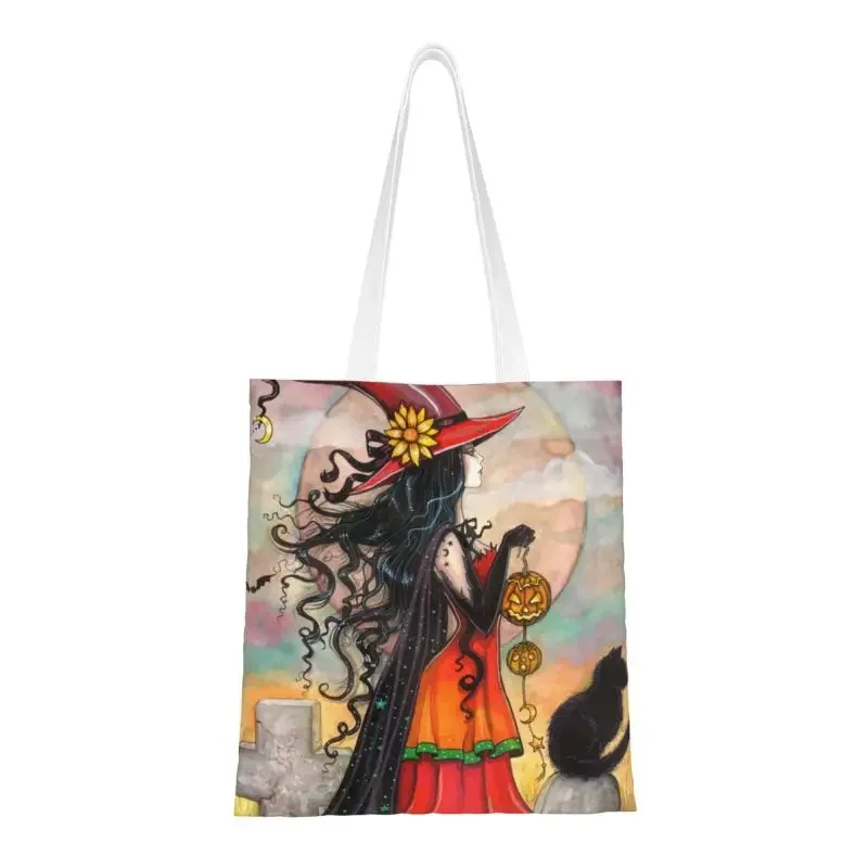 

Halloween Witch And Fantasy Art Groceries Shopping Bags Canvas Shopper Shoulder Tote Bag Occult Gothic Wiccan Handbag