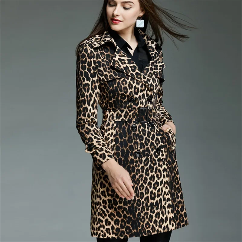 Autumn Women Vintage Leopard Print Trench Coat Casual Long Sleeve Double Breasted Windbreaker Slim Belt Mid Long Overcoat Female