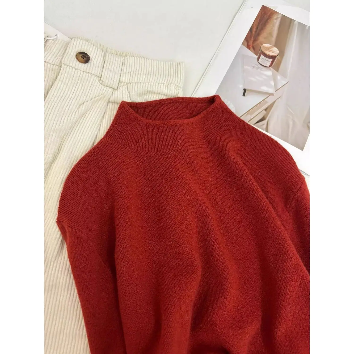 

Корейский простой вязаный свитер с воротником-стойкой, женский зимний новый облегающий свитер с мягкой основой, маленький топ с высоким воротником