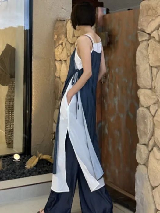 여성용 벨트 스트랩이 있는 세련된 투피스 드레스 여름 빈티지 사이드 슬릿 롱 스커트 개성있는 스플라이싱 디자인 출퇴근 스타일