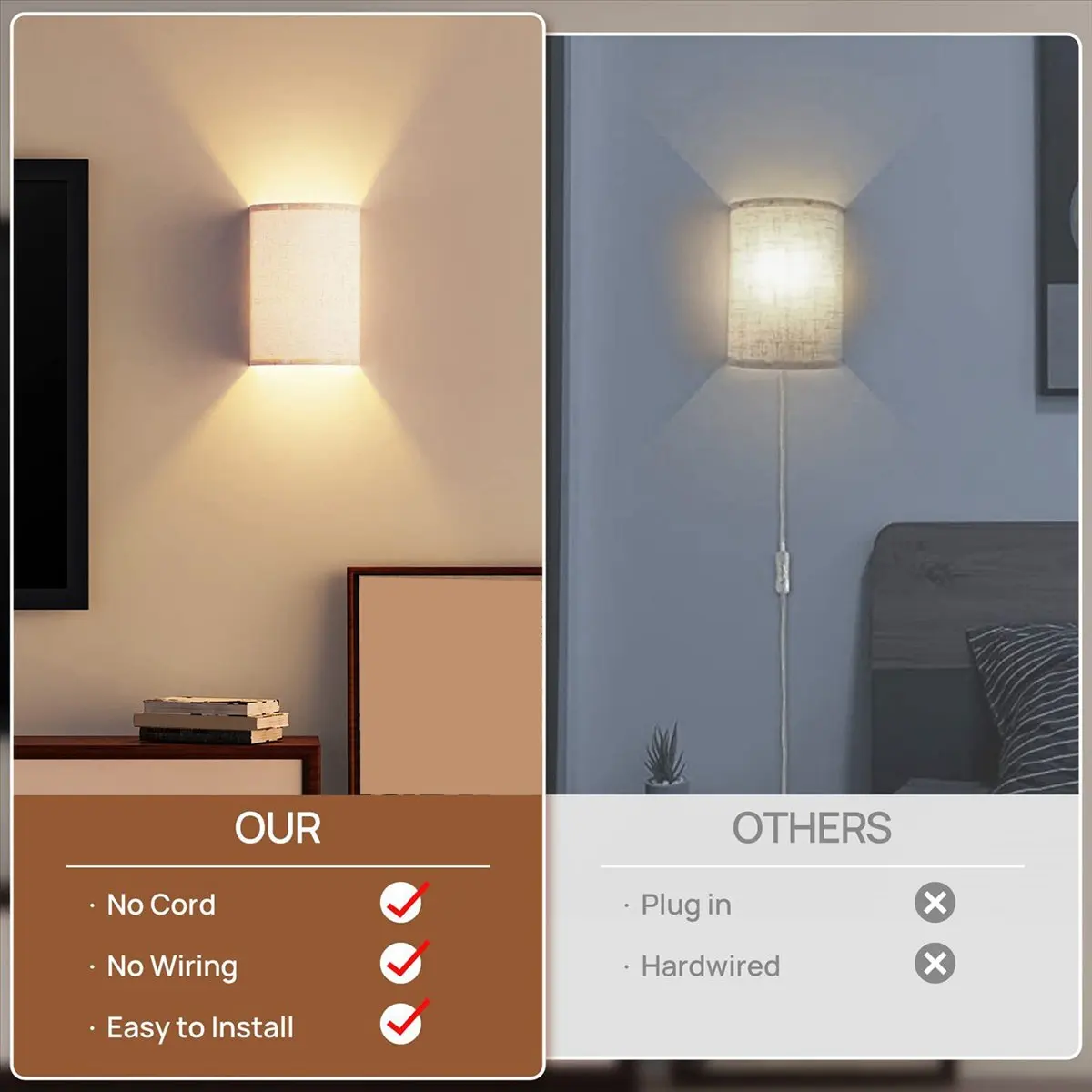 

*ABKM Перезаряжаемый настенный бра Магнитная беспроводная лампа цвета RGB с регулируемой яркостью и тканевым льняным абажуром и пультом дистанционного управления, освещение 2 шт.