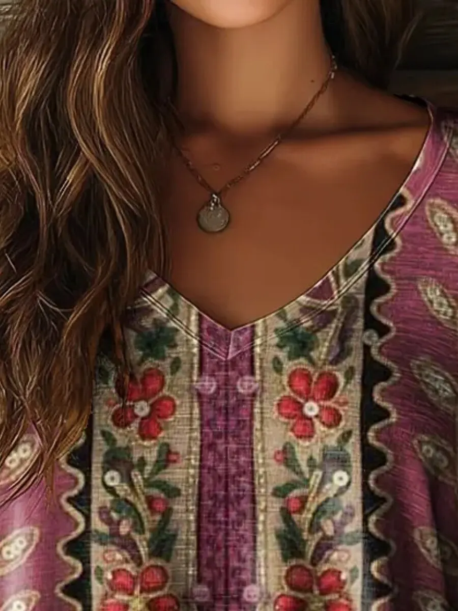 Women's Floral Print Vintage Boho Long Sleeve V-Neck Tops, Daily Wear, Purple