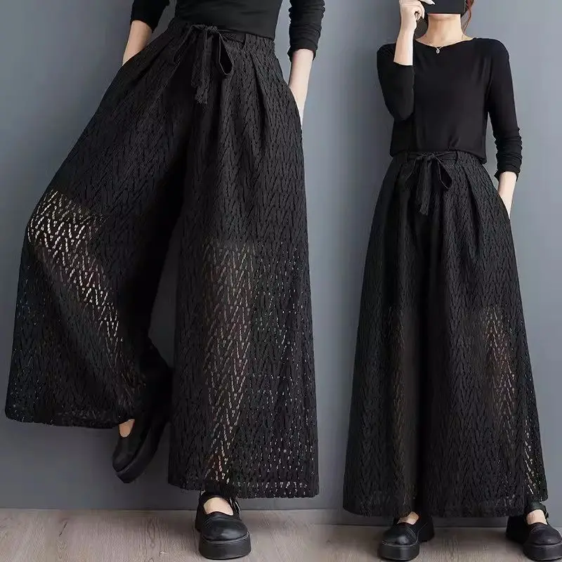 

Fashionable Black Wide Leg Pants For Women 2024 Summer And Autumn New Versatile Elastic Waist Nine Point Casual Trousers K1995