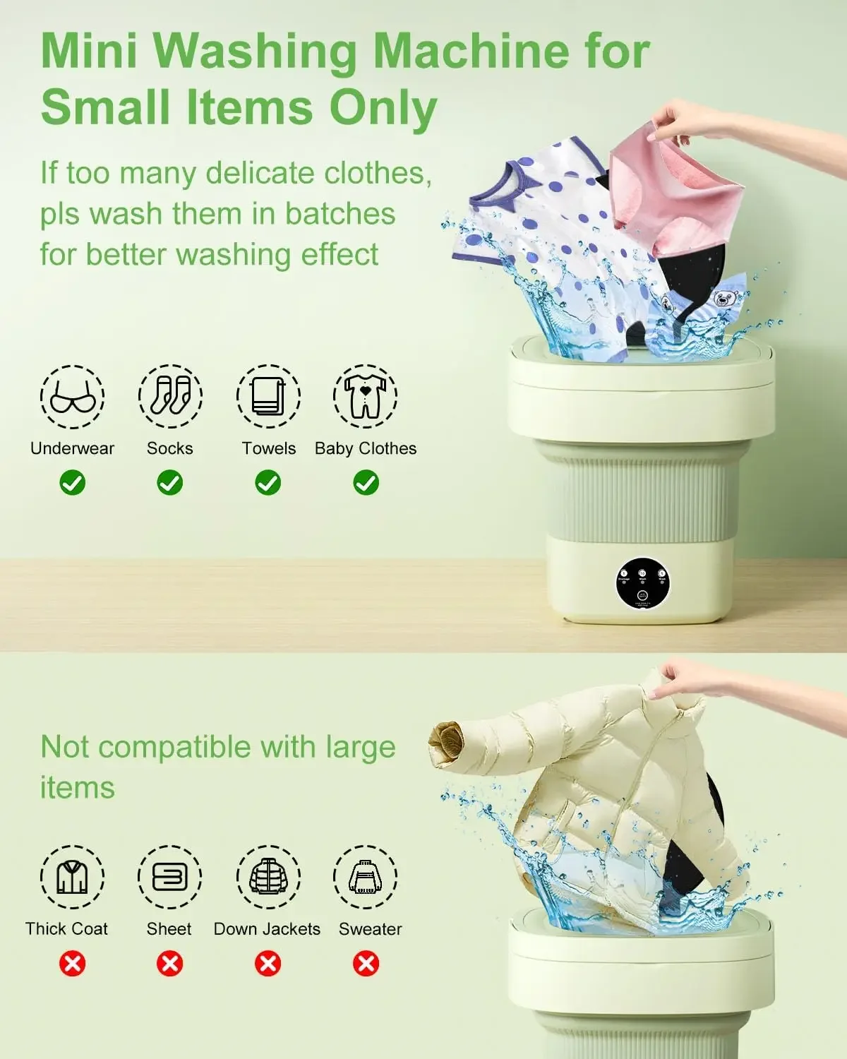 Portable Washing Machine, 9L Mini Laundry Washer with 3 Modes Cleaning  Underwear, Baby Clothes, Sock, Small Delicates. Folda