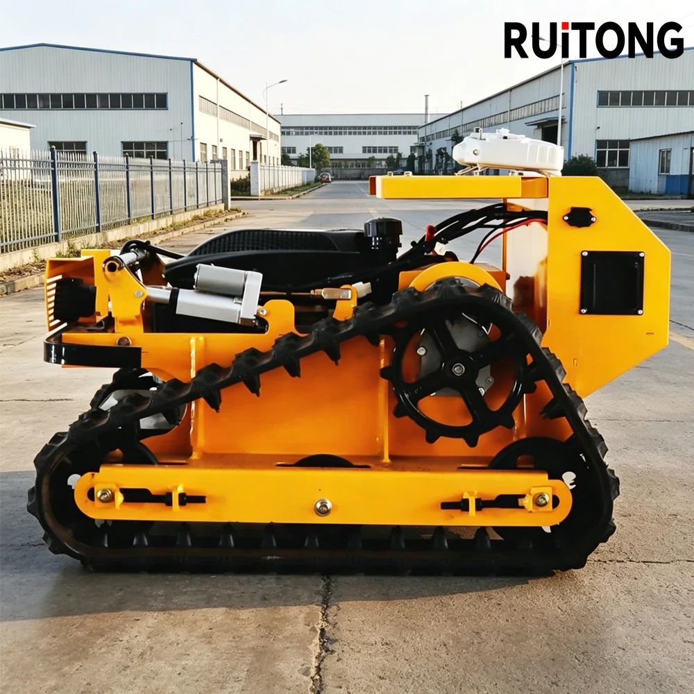 Custom designed durable lawnmower tracked remote controlled low noise long service life.