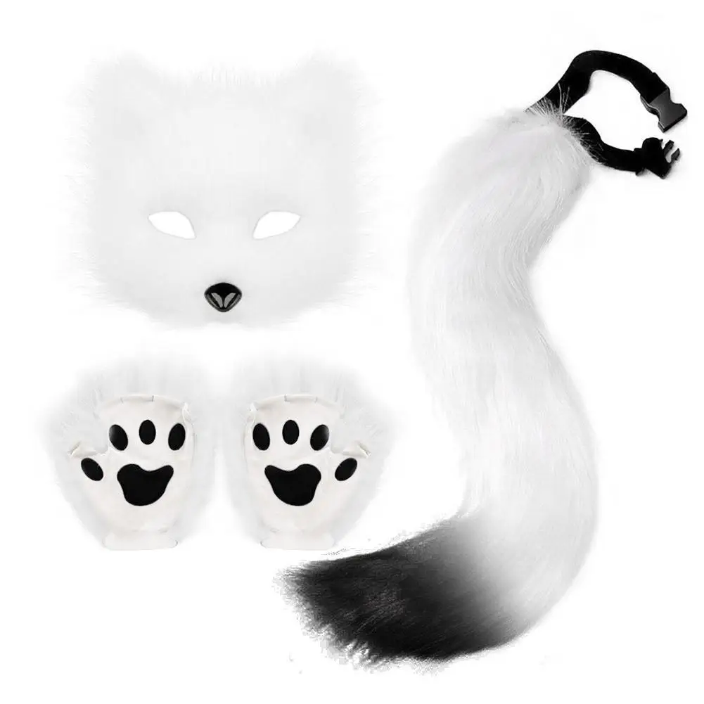 Flauschige Fellschwanz Katzenpfoten Handschuhe und Wolf Therian Maske Set Festival Cosplay Kostüm Zubehör Masken-Sets