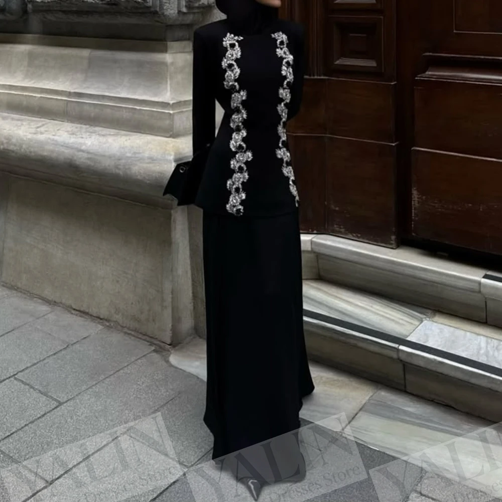 

Women's A-line Evening Dresses Floor-length High-neck Full Sleeve Prom Gown Fashion Crystal Simple Draped Customized Gowns