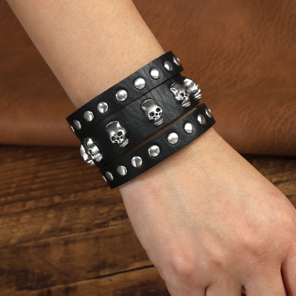 2024 Charm Jewelry Handmade Weave Genuine Leather Bracelet Men Vintage Cuff Wide Leather Skull Bracelet Pulsera Hombre