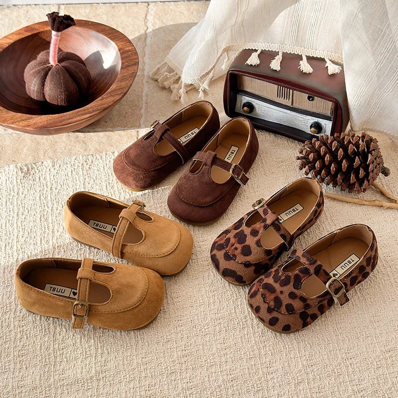 

Kids T-Strap Loafers Suede Leopard Print Girls Retro Flats Shoes Toddler Children Casual Dress Shoes Soft Sole Non-slip 2026 New