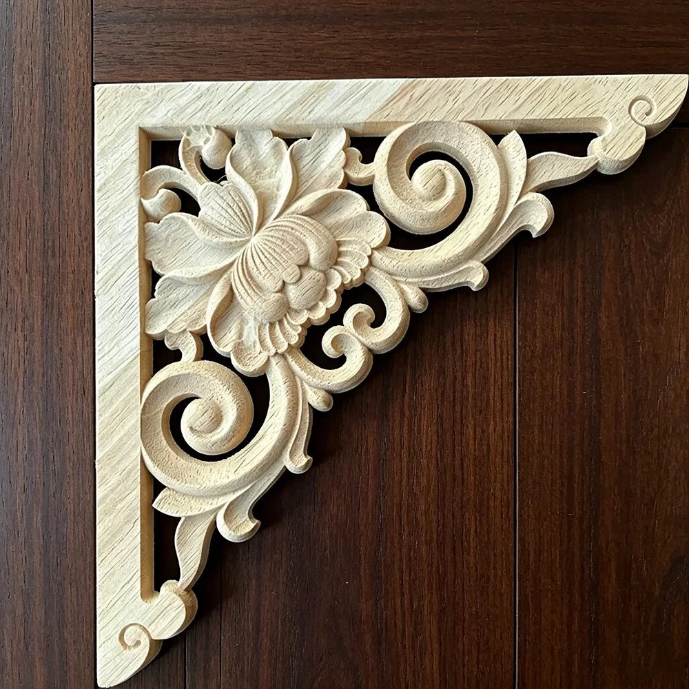 4PCS Woodcarving Flower Corner Decal Wooden Figurines Crafts Appliques Frame Onlay Wall Door Furniture Decor 15-20cm European