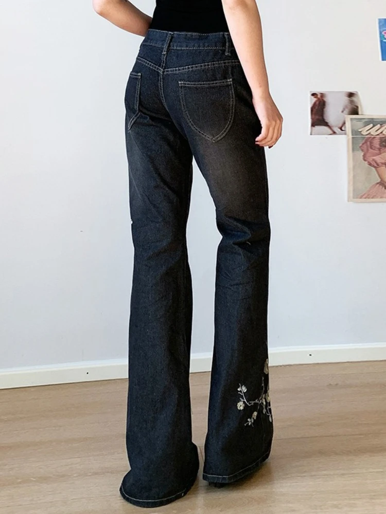 Pantaloni a vita bassa con ricamo vintage Donna Y2k Pantaloni in denim lavato Hip Hop Grunge Retro Streetwear Pantaloni a zampa d'elefante sottili Estetici
