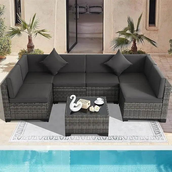 7 Pieces Modular Outdoor Sectional Sofa, Wicker Patio Conversation Set with Cushions and Glass Coffee Table