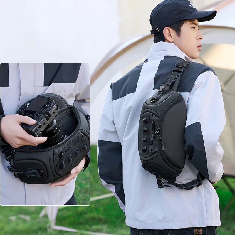 QISEMIAN Unisex DSLR Camera Bag for Canon/Fujifilm, Water-Resistant Oxford Protective Bag Carries 1 Camera 2 Lenses with Strap