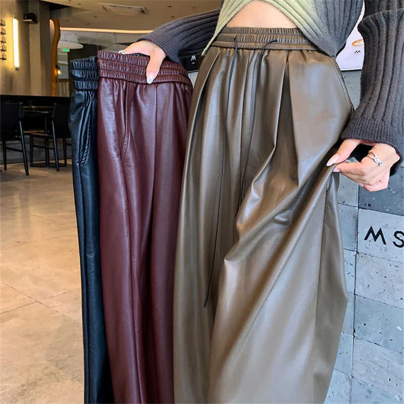 

Autumn Winter Vintage PU Leather Women's Wide Leg Pants 2024 New High Waist Lace Up Solid Black Casual Loose Y2k Pants Female