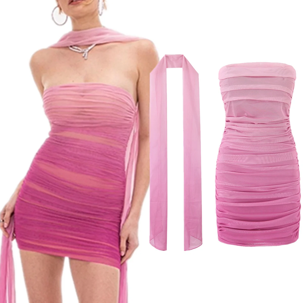 Maxdutti Gradient Pink Elegant Party Dresses Womens dresses Vestidos Sexy Pleated Slim Fit Mini Women's Dress Dresses For Woman