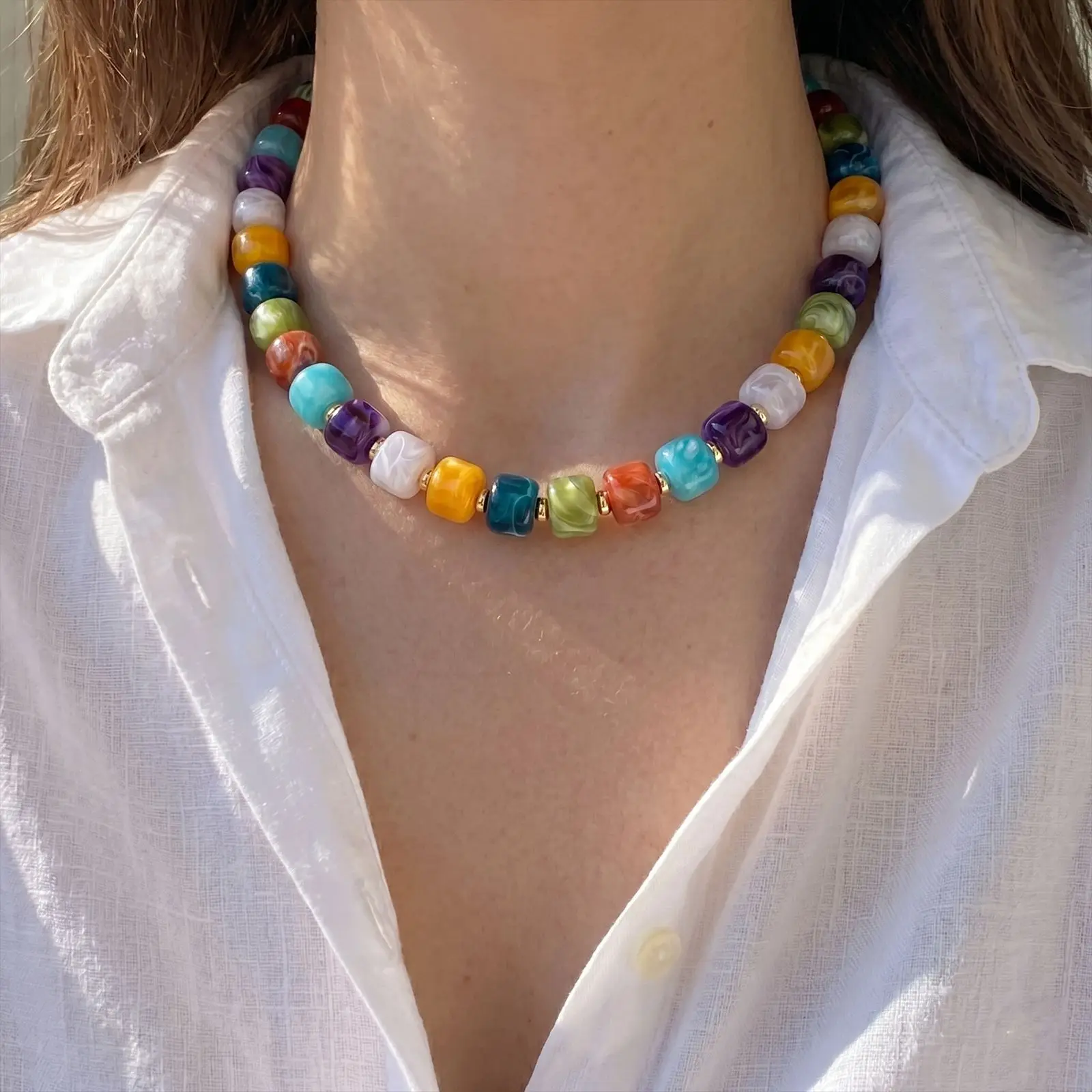Bohemian Rainbow Acrylic Square Beaded Choker Necklace For Women Adjustable Summer Vacation, Colorful Candy Collision Jewelry