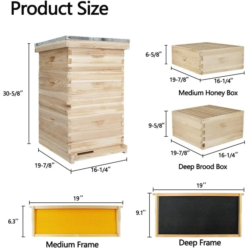 خلية النحل، مجموعة أدوات تشغيل صناديق خلية النحل مكونة من 10 إطارات، خلية نحل Langstroth تتضمن صناديق خلية عميقة و1 صندوق نحلة فائق متوسط