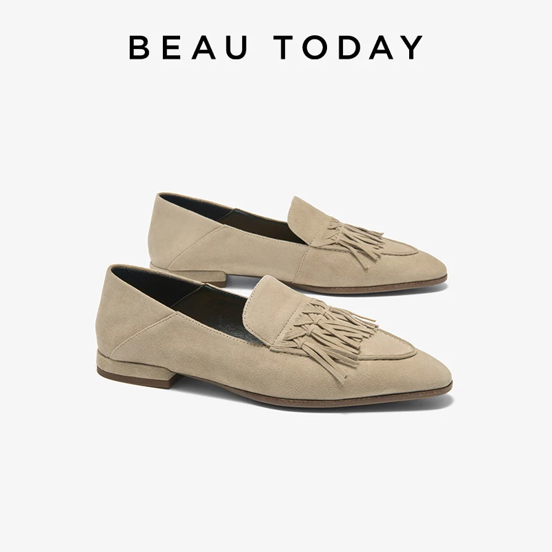 BEAUTODAY Sheepskin Loafers Women Suede Leather Fringe Pointed Toe Slip On Flats Ladies Casual Shoes Handmade 26345
