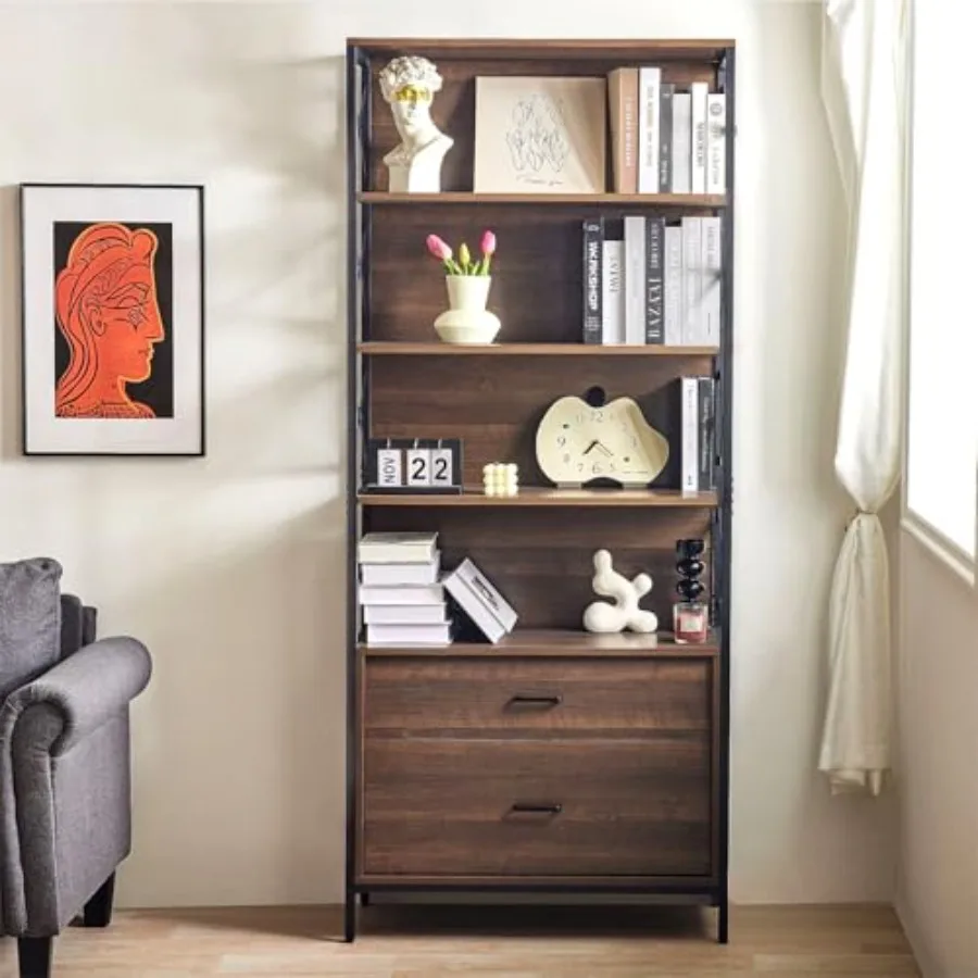 رف كتب صناعي من Redlife مع أدراج 74 خزانة كتب ريفية طويلة 5 أرفف كتب مع رف مفتوح لتخزين عرض المعادن الخشبية