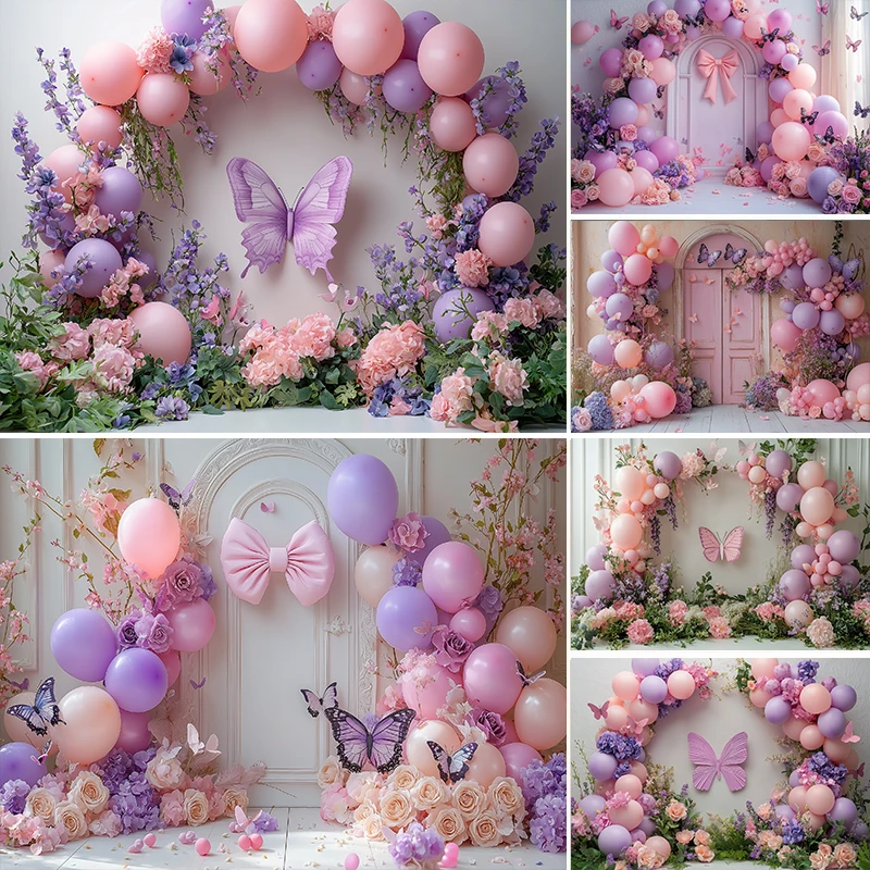 

LS Spring Fairy Garden Balloon Backdrops Kids Girl Photography Child Birthday Cake Smash Photocall Floral Butterflies Background
