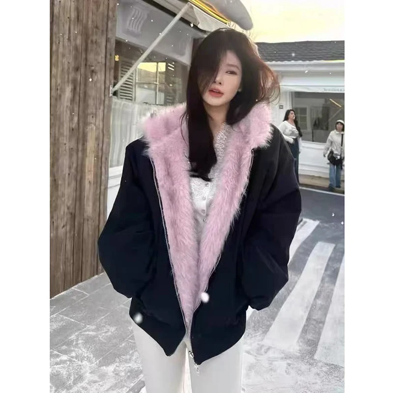 Fashion Warm Zipper Outerwears Hooded Black Parkas Women Harajuku Faux Fur Patchwork Jacket Streetwear Fluffy Coats