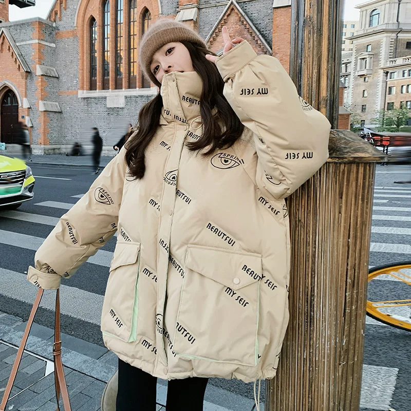 2025 Winter New Women's Letter Printed Graffiti 50 White Duck Down Thick Coat Bread Jacket Versatile Casual Warm Down Coat