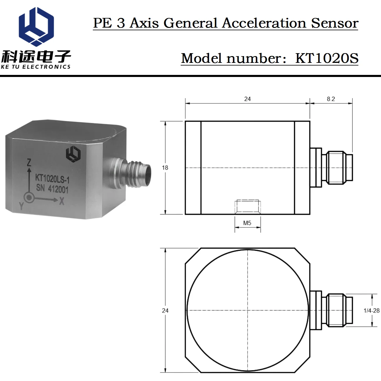 PE Triaxial Accelerometer 3 Axis Vibration Acceleration Sensor Piezoelectric Transducer Industrial Machine Monitoring ±200g 8kHz