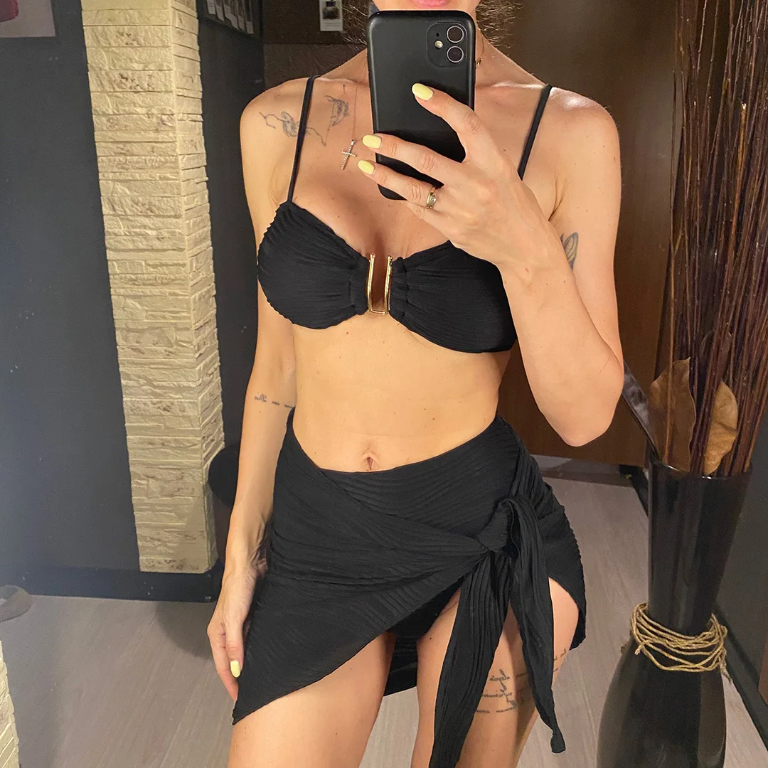 Neu mit Sarong, U-förmiger Bikini mit hoher Taille, Damen-Badeanzug, dreiteiliges Bikini-Set, Badebekleidung, Badeanzug, Schwimmbekleidung V6953 – Detail 2