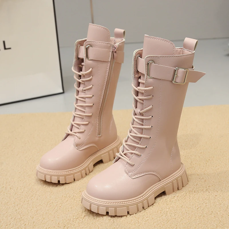 Children's  Knee Fashion High Combat Boots Pink/White/Black Buckle Strap Side Zipper Thick Sole Girls Winter Warm Boot Size27-37