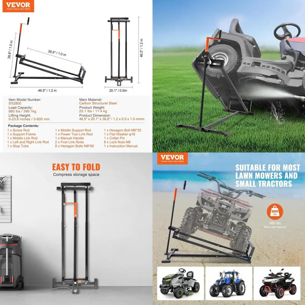 

Telescopic Lawn Mower Lift Jack with 880 lbs Capacity, Crank and Power Tool Handles, Foldable for Lawn and Garden Tractors, Blac