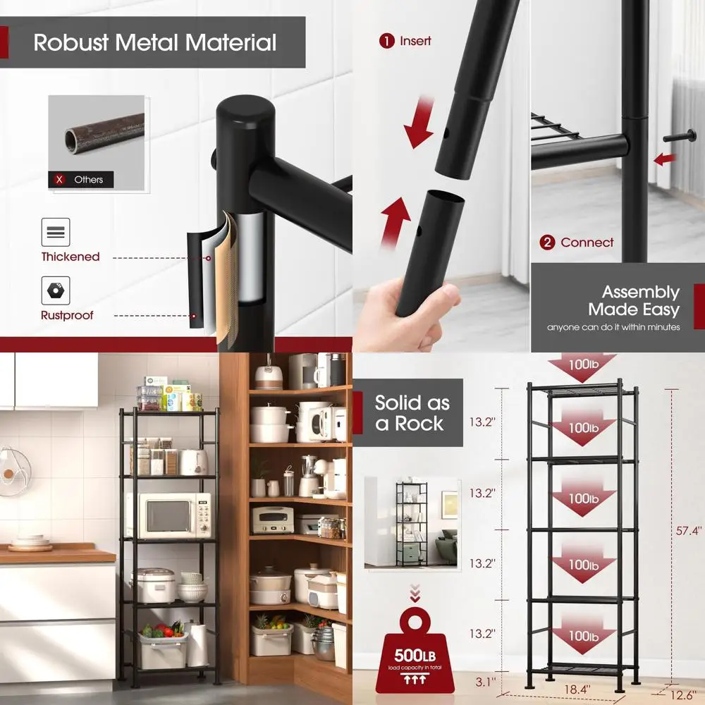 

5-Tier Metal Storage Rack, Compact Garage Shelving with Adjustable Feet, Ideal for Kitchen, Laundry, Pantry (18.4 x 12.6 x 57.4,