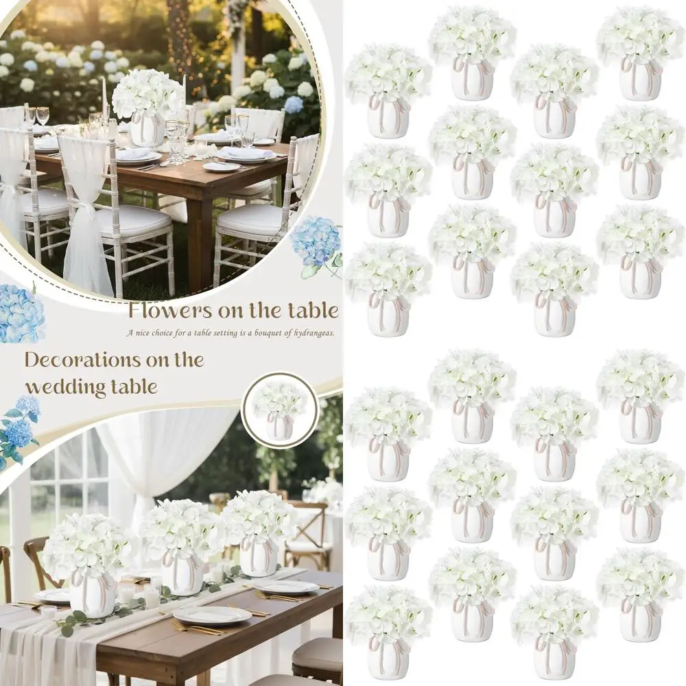 

12-Piece White Artificial Hydrangea Flower and Vase Set for Weddings and Baby Showers Table Decorations