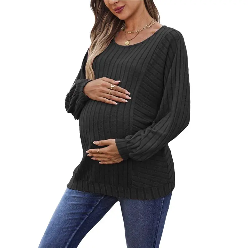 Women Maternity Solid Vertical Rib Patchwork Crew Neck Lantern Long Sleeve Oversized Pregnancy Top