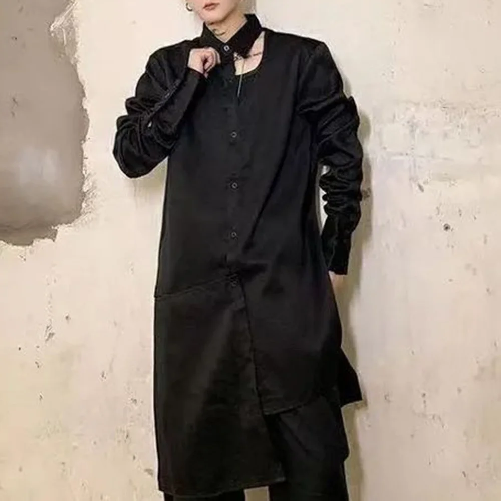 Mens Shirts Irregular Personality Collar Long Shirts Japanese Streetwear Niche Design Slim Fit Casual Tops Men'S Clothing 2024