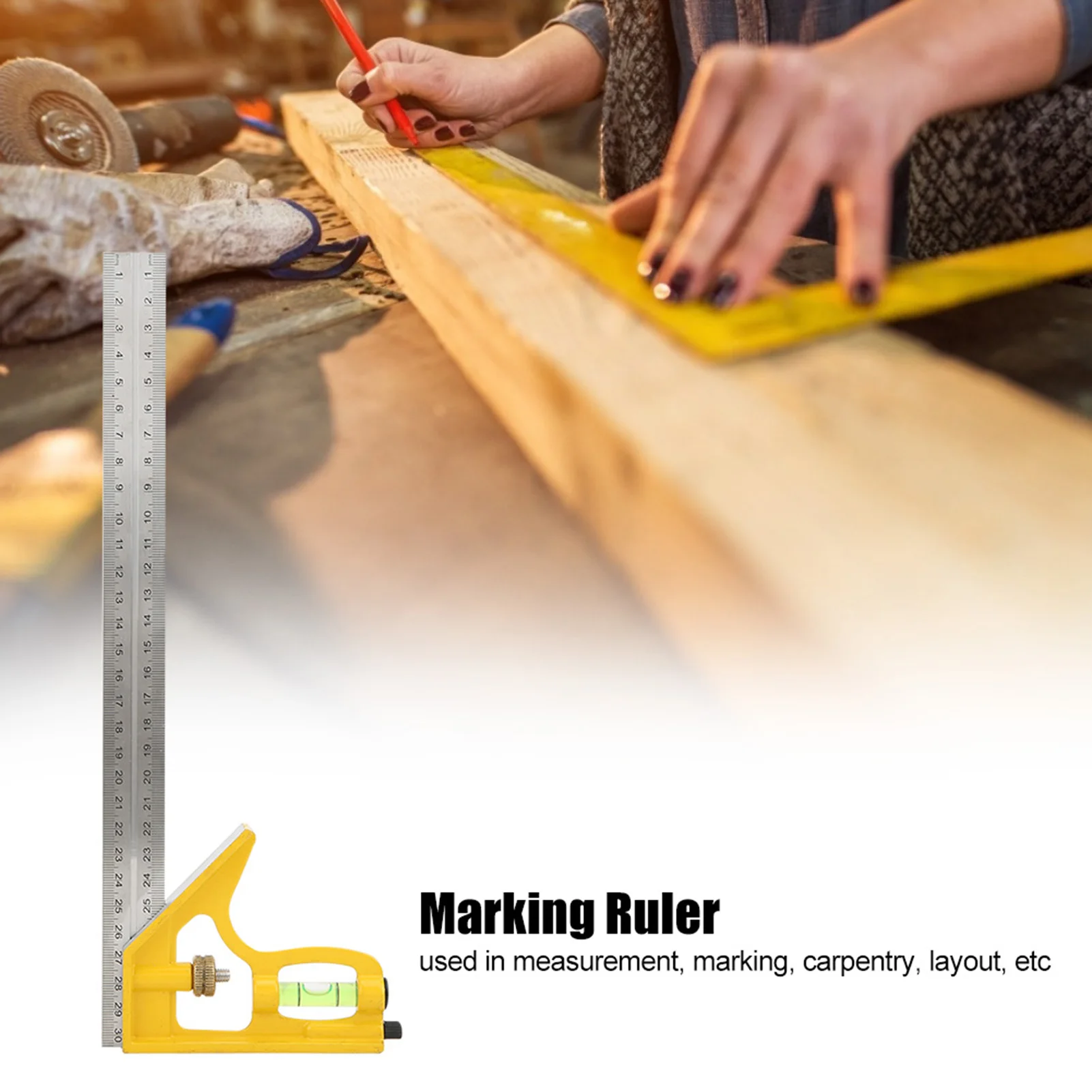 1PC 300mm Adjustable Multi Function Right Angle Combination Square 45°/90° Measuring Ruler with Level for Woodworking