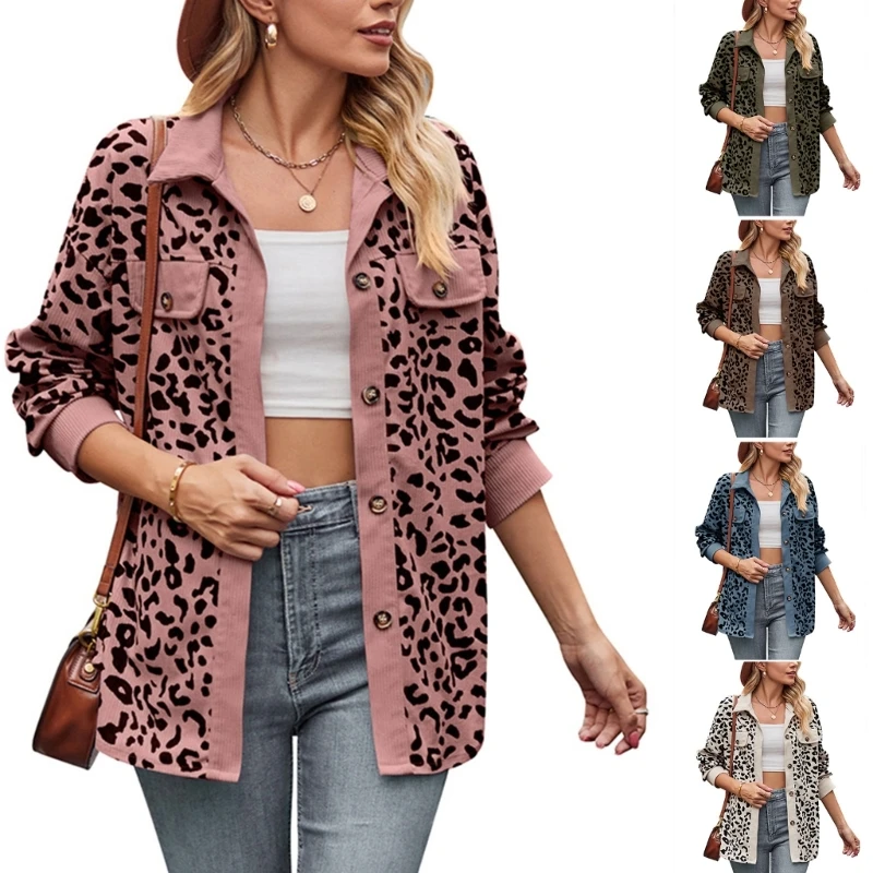 A0NF Womens Corduroy Button Down Shirt Jackets  Long Sleeve Oversized Leopard Print Shacket  Blouses Tops