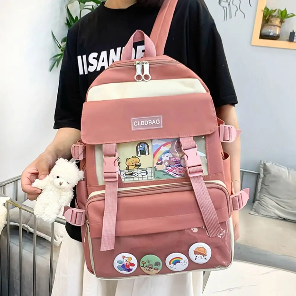 Leisure Nylon Large Capacity Bags Simple Commute Badge Shoulder Backpack with Pendant Canvas Korean Style School Bag Kids