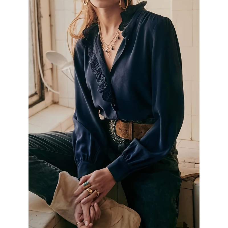 

FFF.DUO Autumn Women Dressy Long Sleeve Shirt Ruffles V-Neck Button Down Top Fall Outfits Elegant Solid Retro Work Casual Blouse