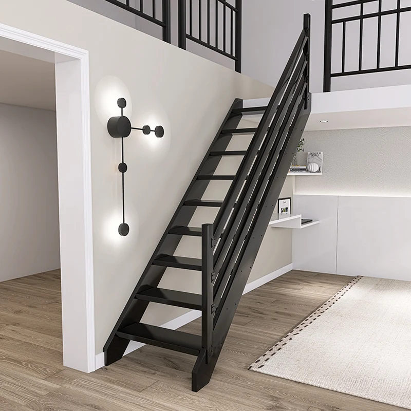 Solid wood loft stairs widened and thickened climbing ladder villa ladder with handrails black