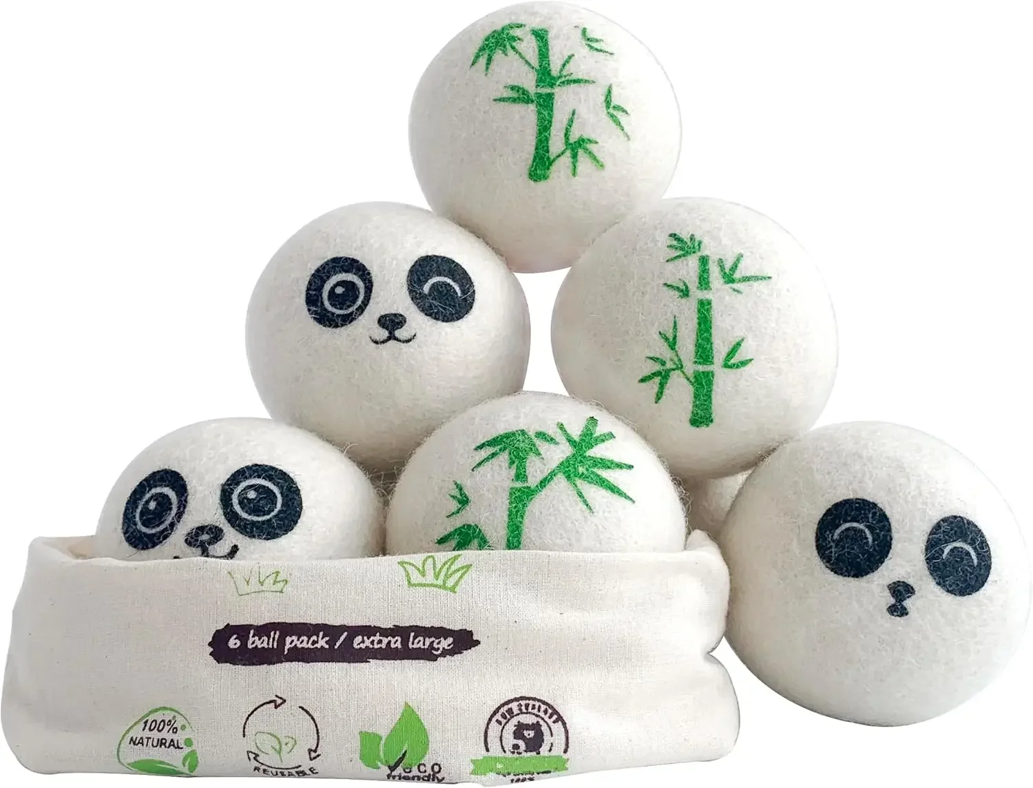 

Natural Wool Dryer Balls, 6-Pack Reusable Laundry Helper With Panda Design