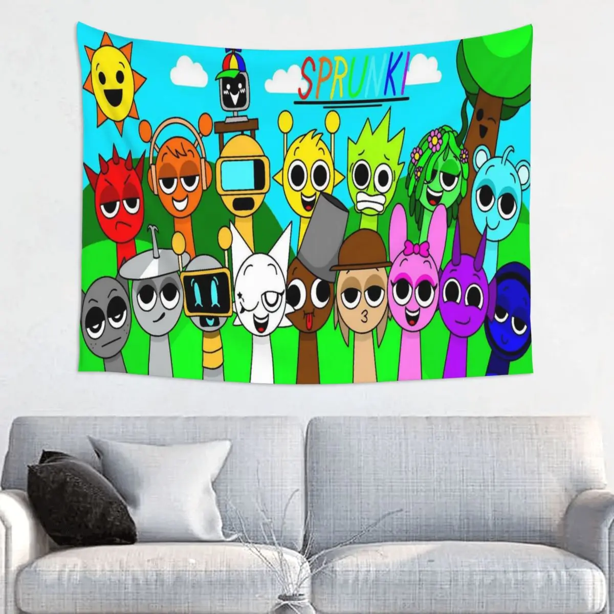 Horror Music Game Sprunki Tapestry Wall Hanging Printed Polyester Wall Tapestry Fantasy Wall Blanket Room Decor Wall Cloth