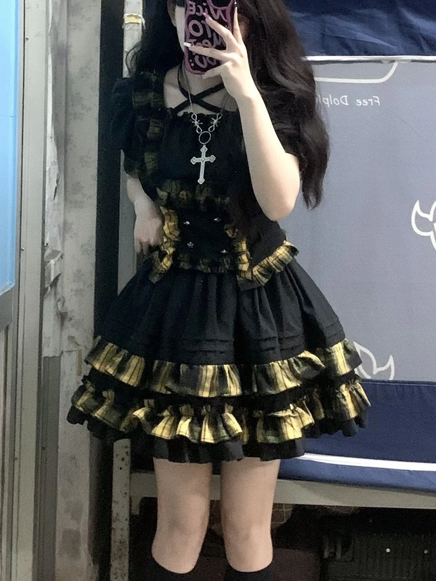 Punk Rock Lolita Dress Two Pieces Set Japanese Kawaii Sweet Short Jsk Short Dress Gothic Cake Skirt Set Summer Blue Red