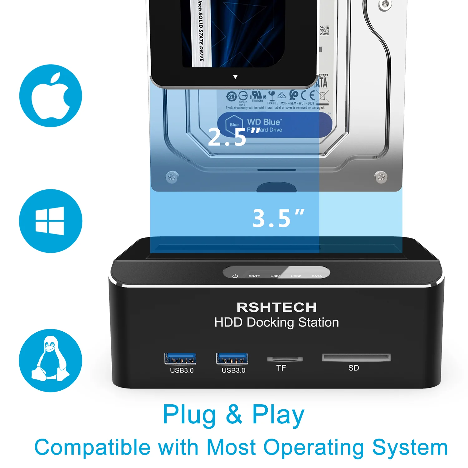 RSHTECH-estación de acoplamiento de disco duro externo USB 3,0 a SATA I/II/III, para HDD SSD de 2,5 \