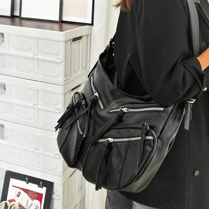 

Retro Large Capacity Women's Soft PU Leather Motorcycle Bag Multi-pocket Work Commuting One-Shoulder Crossbody Tote Bag