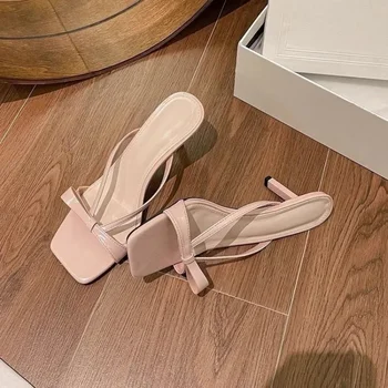 페어리 스타일 프렌치 고양이 힐 샌들, 여름 스트레이트 라인 활, 스퀘어 토, 슬림 힐, 여성용 우아한 하이힐 슬리퍼