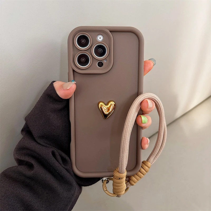 Niedliche koreanische 3D Goldene Herz-Softcase für iPhone 16 17 18 Pro Max 15 14 13 12 11 Pro 7 8 Plus mit Handgelenkschlaufe und Hängeband. – Detail 2