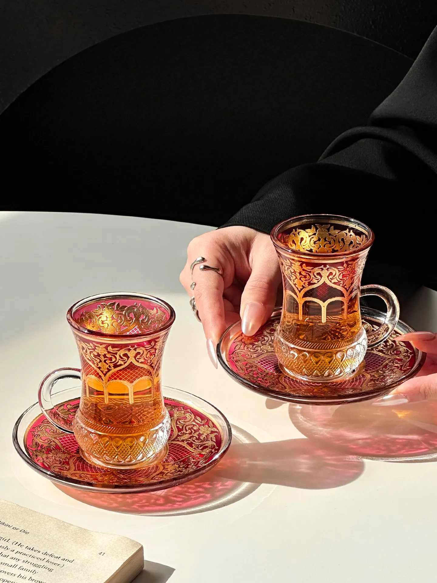 Vintage coffee cup, romantic exotic style, black tea cup, afternoon tea, exquisite flower tea cup